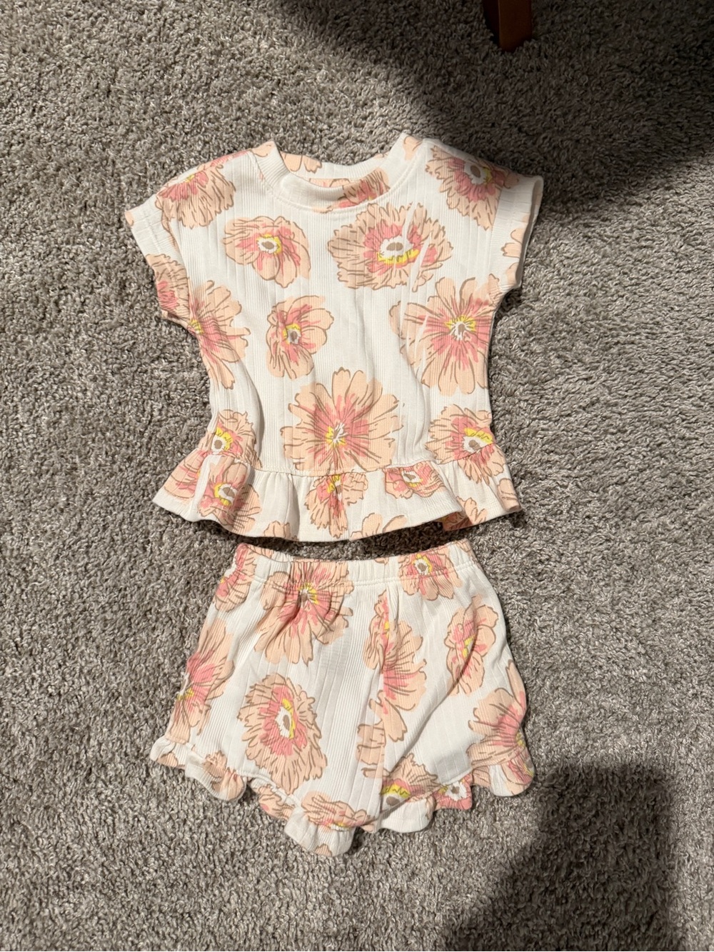 cloud island Pink & Cream Floral Peplum Top and Ruffle Shorts Set